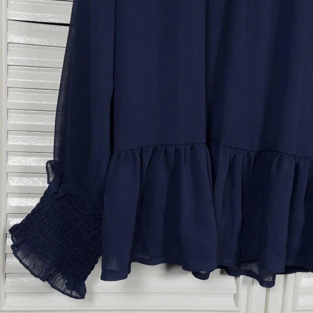Lost Ink Navy Blue Ruffled Mock Neck Sheer Smock Top Size 2X‎